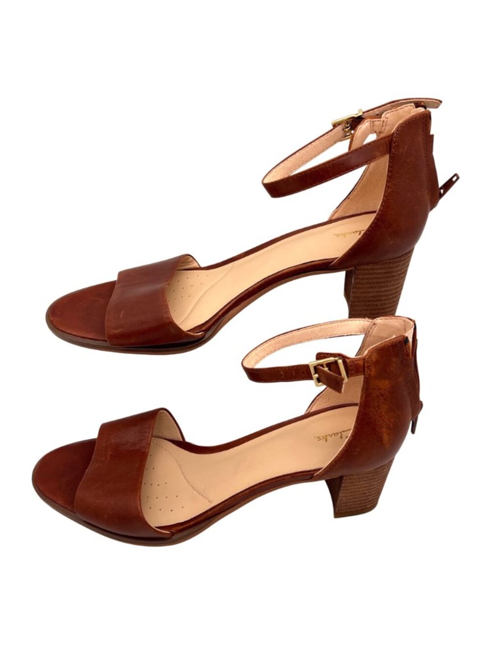 Clarks Brown Leather Ankle Strap Sandals Womens Size 9 Block Heel Open Toe Tan - Picture 3 of 13